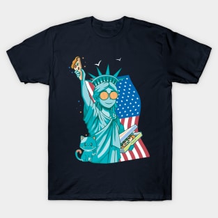 4th Of July, Statue of Liberty With U.S Flag and A lovely little Cat For National Pizza Day 2023 T-Shirt